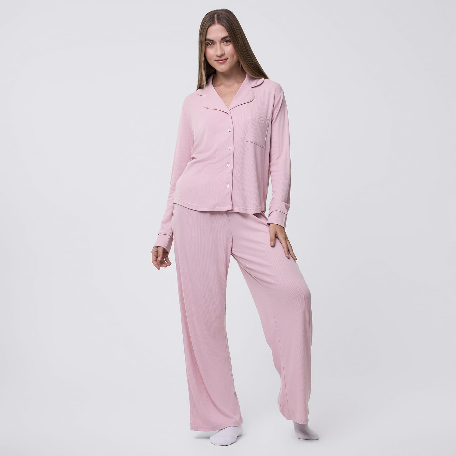 Pijama Mujer Camisero Rib Hypnotic Manga Larga Rosado Talla S