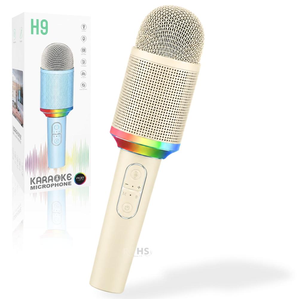 Micrófono Karaoke Inalámbrico H9 Dorado Con Luz RGB Recargable