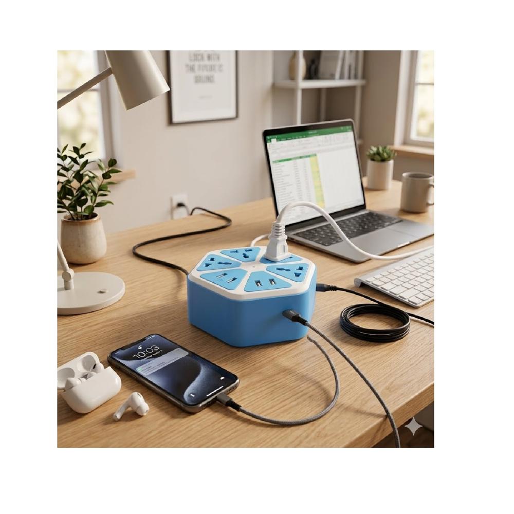 Extensión Eléctrica Hexagonal con 4 Tomas Universales y 2 Puertos USB - Cable 1.8 m