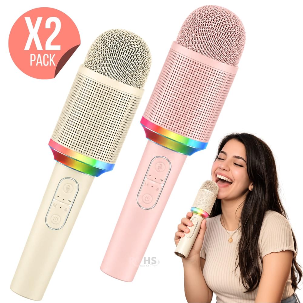 Pack X2 Micrófono Karaoke Inalámbrico H9 Recargable Con Luz RGB