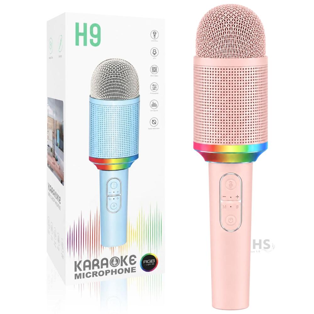 Micrófono Karaoke Inalámbrico H9 Color Rosa Recargable Con Luz RGB