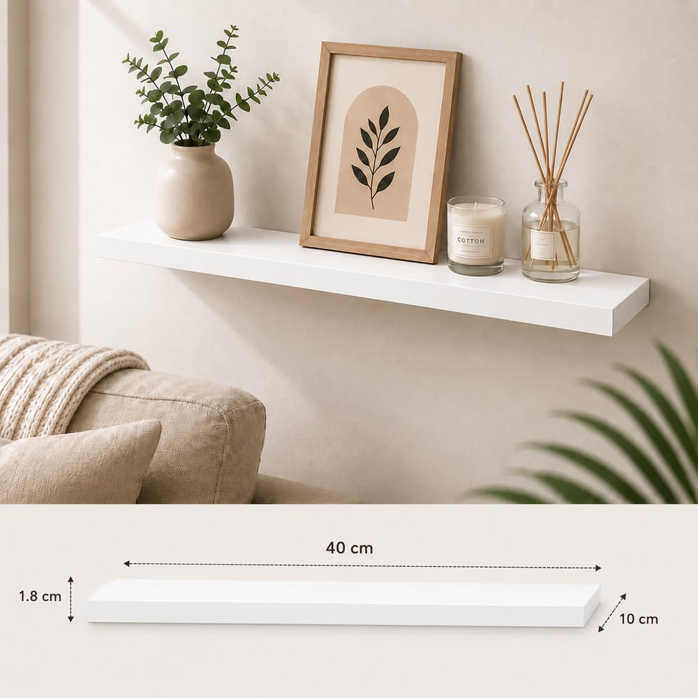 Repisa Flotante Recta Blanca 40x10 x1.8 cm de Melamina Pelikano para Sala Dormitorio Oficina