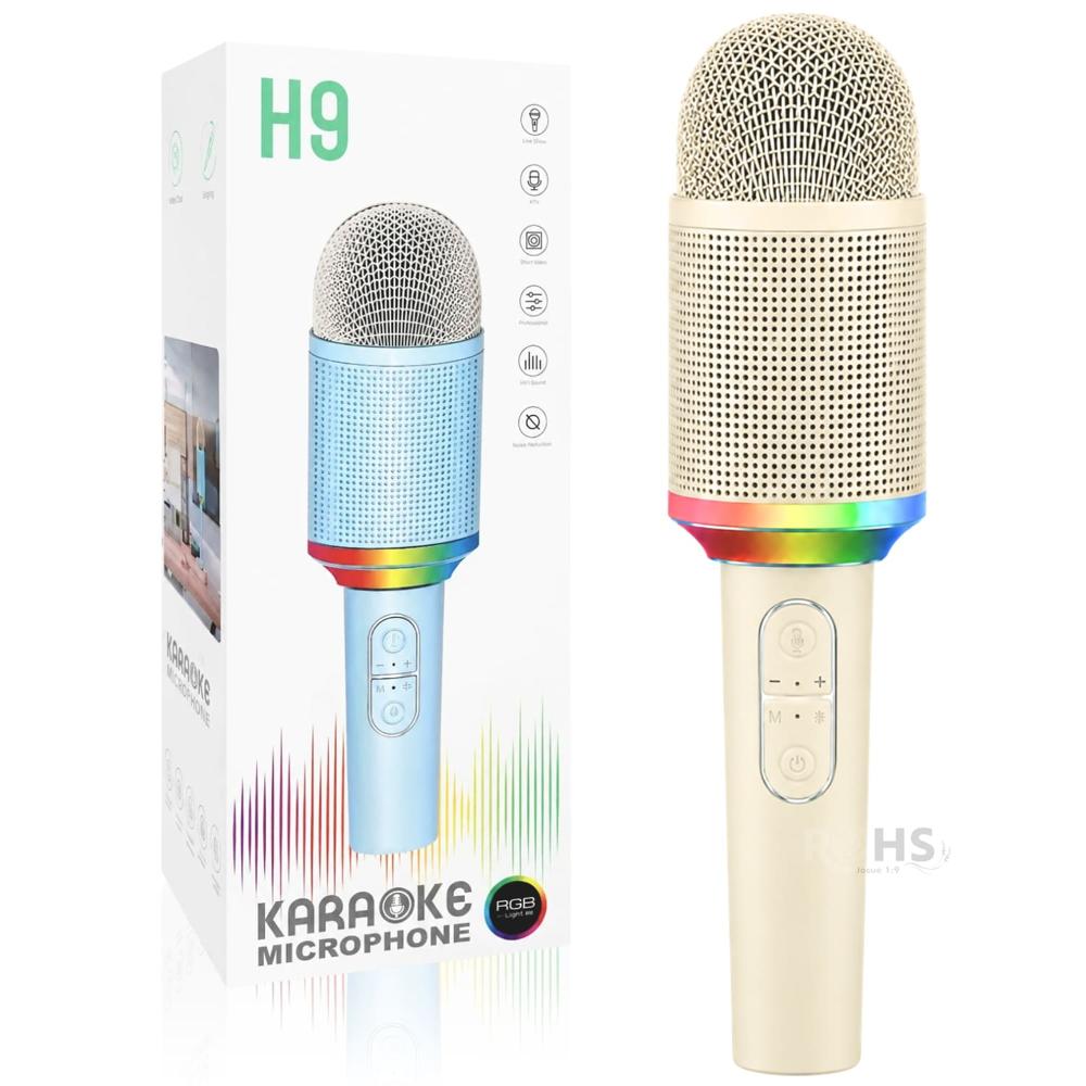 Micrófono Karaoke Inalámbrico H9 Color Dorado Con Luz RGB Recargable