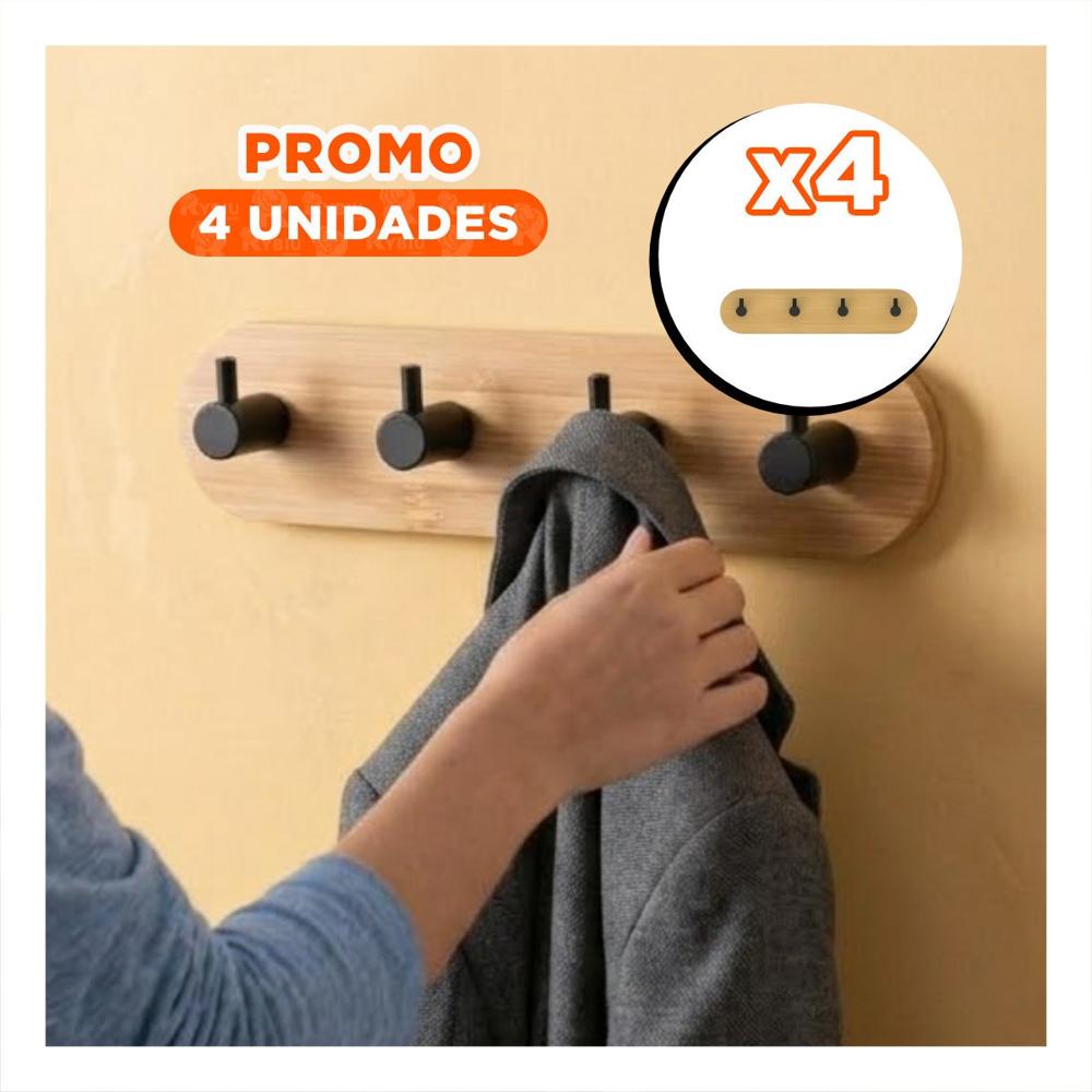 Pack4 Gancho Moderno Bambu Negro Adhesivo para Pared con 4 Ganchos 19x5cm YPapel Regalo