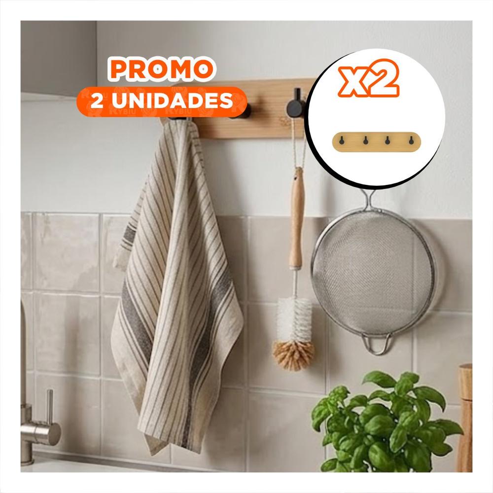 Pack2 Perchero de Pared Multiuso con 4 Ganchos Adhesivo Bambu Negro 19x5cm YRegalo Sticker