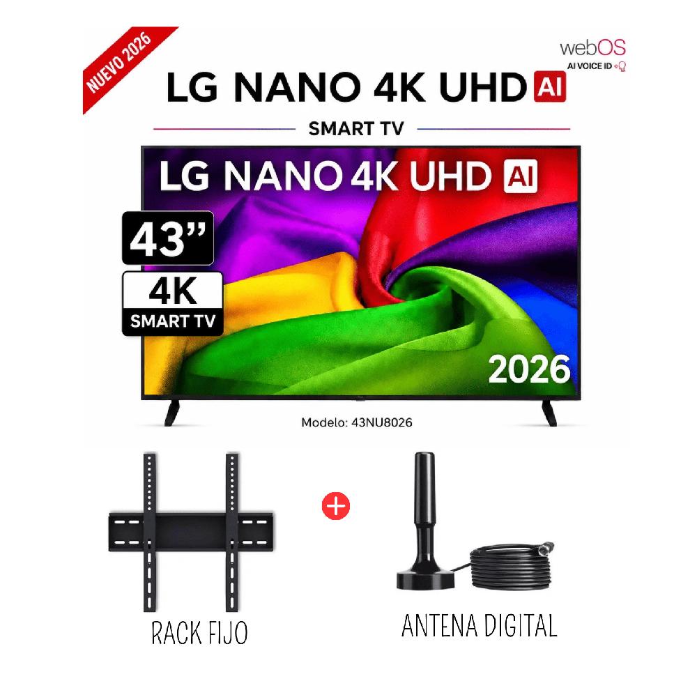Televisor LG 43 Pulgadas Con IA NANOCELL UHD 4K WebOS 43NU800BPSC - Rack - Antena Digital -Combo