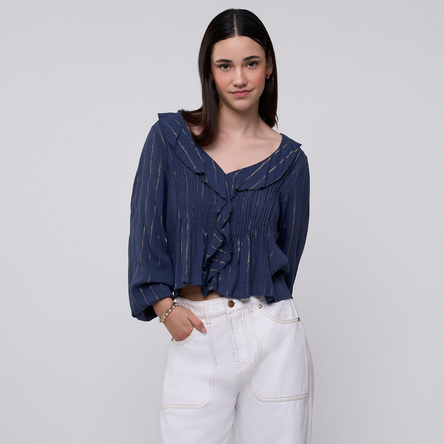 Blusa Mujer Lux Amc Manga Larga Azul L