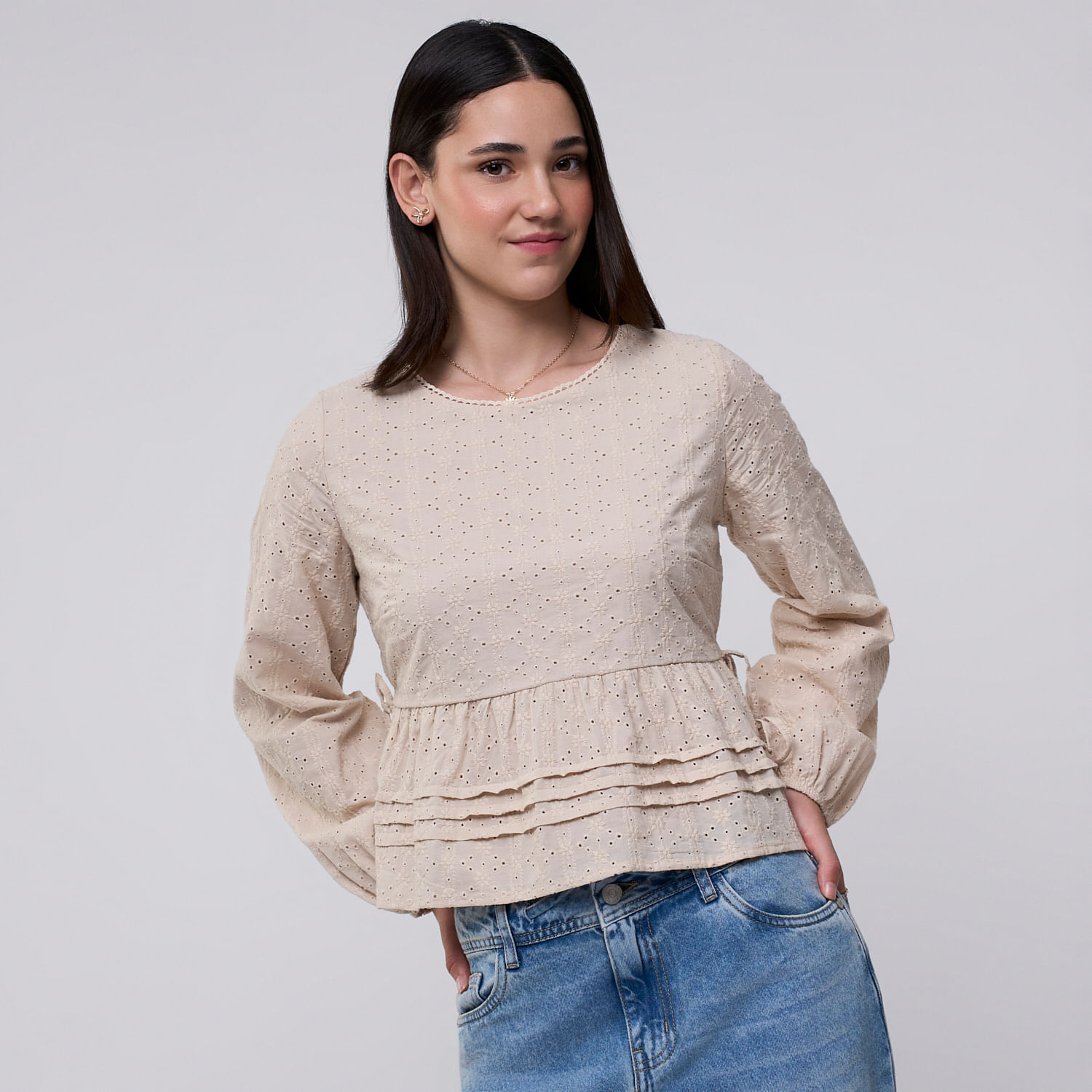 Blusa Mujer Doby Amc Manga Larga Beige M