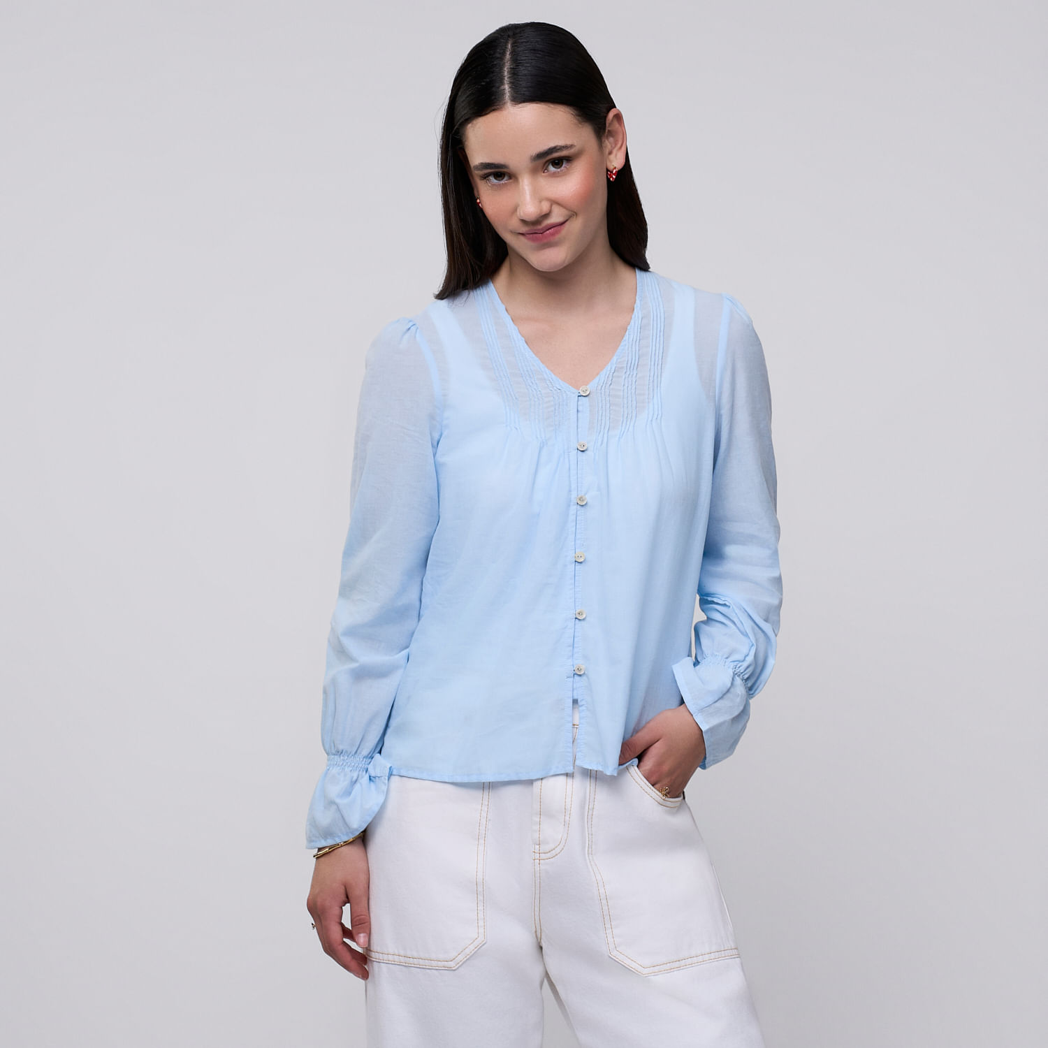 Blusa Mujer Pliegues Amc Manga Larga Celeste S