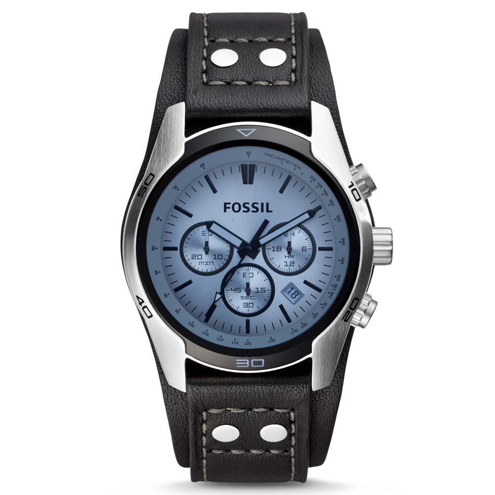 Reloj Fossil Coachman CH2564 Fecha Cronómetro Correa Cuero Negro Dial Celeste