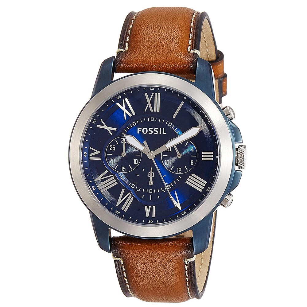 Reloj Fossil Grant FS5151 Cronómetro Correa Cuero Marrón Dial azul