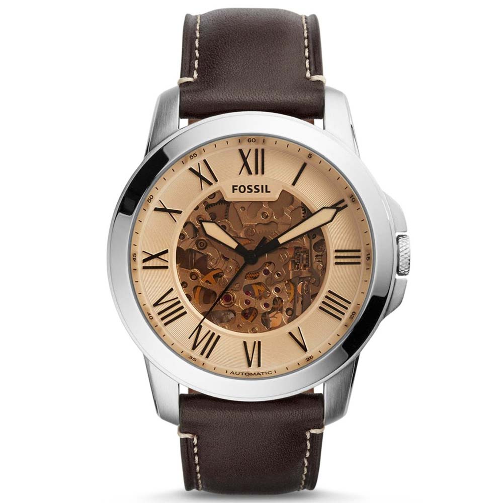 Reloj Fossil Grant ME3122 Automático Correa Cuero Marrón Dial Beige
