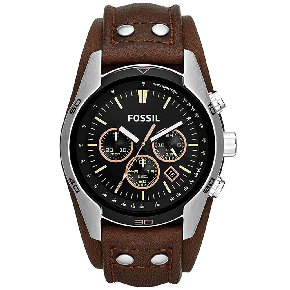 Reloj Fossil Coachman CH2891 Fecha Cronómetro Correa Cuero Marrón Dial Negro