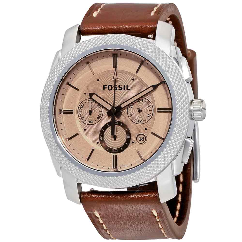 Reloj Fossil Machine FS5170 Fecha Cronómetro Correa de Cuero Marrón Dial Beige