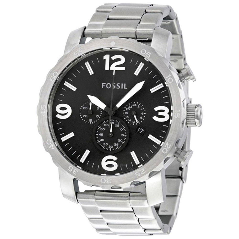 Reloj Fossil Nate JR1353 Fecha Cronómetro Acero Inoxidable Dial Negro