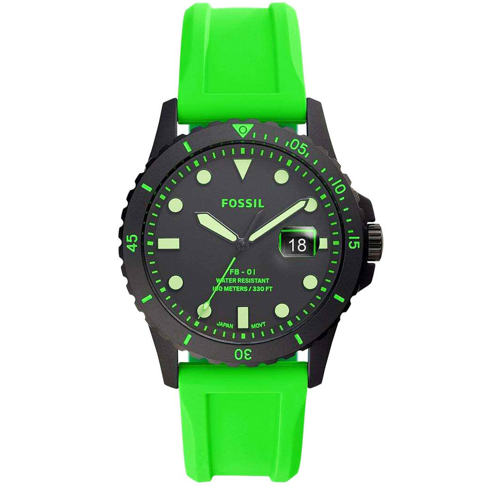 Reloj Fossil FB-01 FS5683 Fecha Acero Negro Correa de Silicona Verde Neon