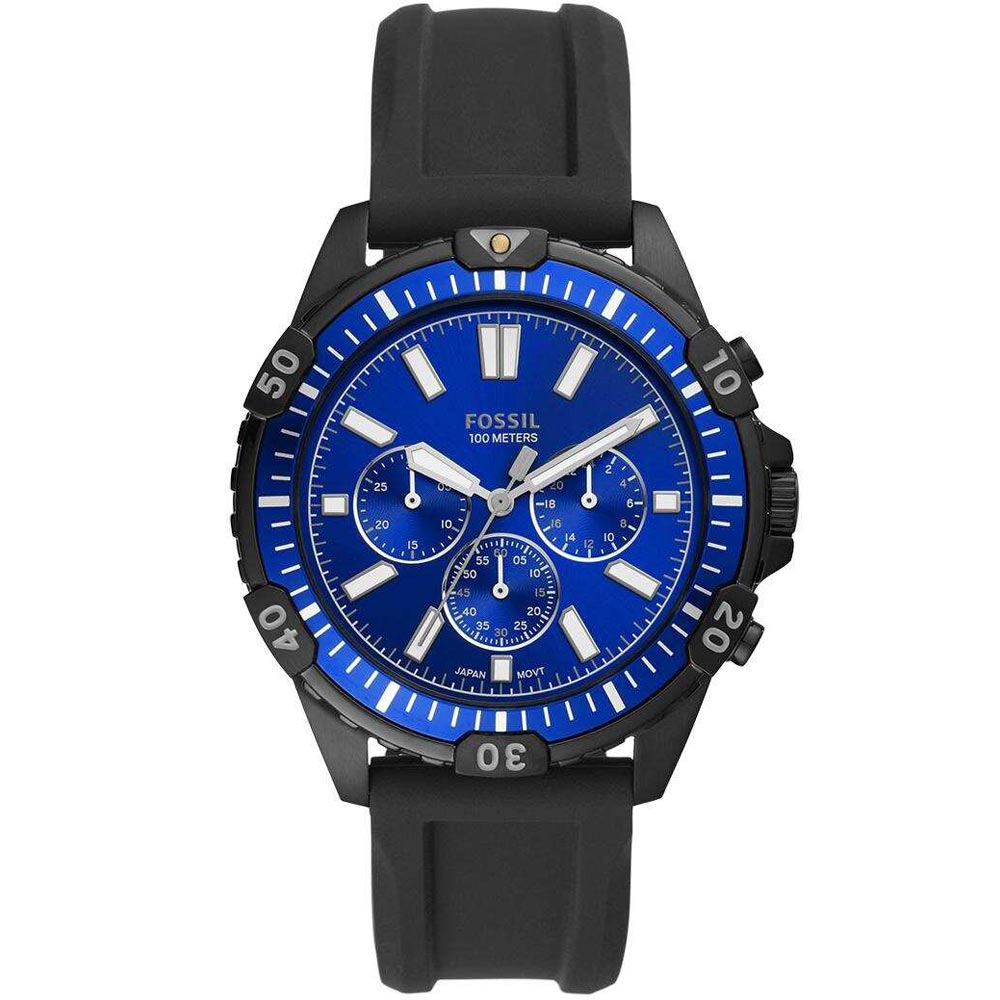 Reloj Fossil Garrett FS5695 Cronómetro Correa de Silicona Negro Dial Azul