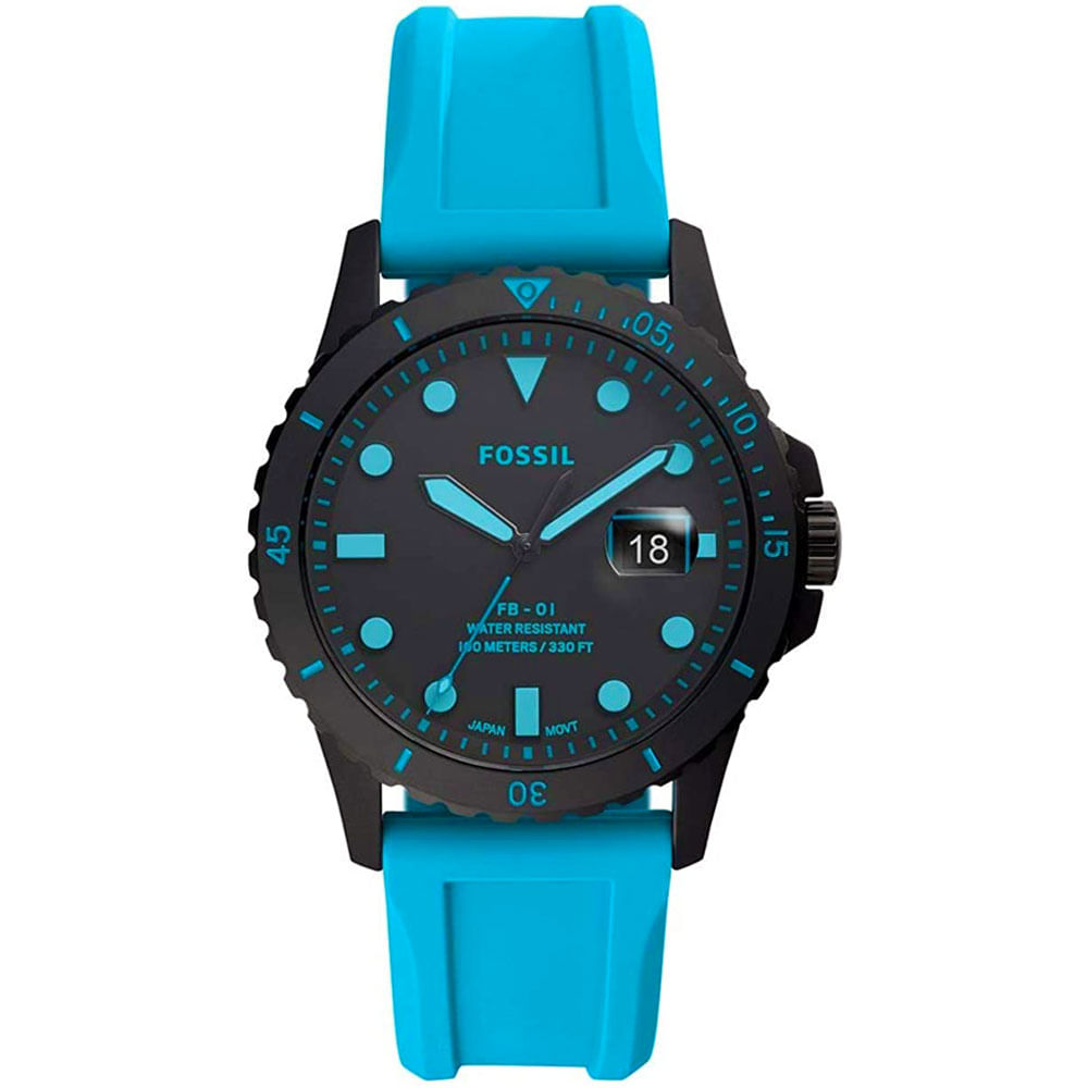 Reloj Fossil FB-01 FS5682 Fecha Acero Negro Correa de Silicona Celeste Neon