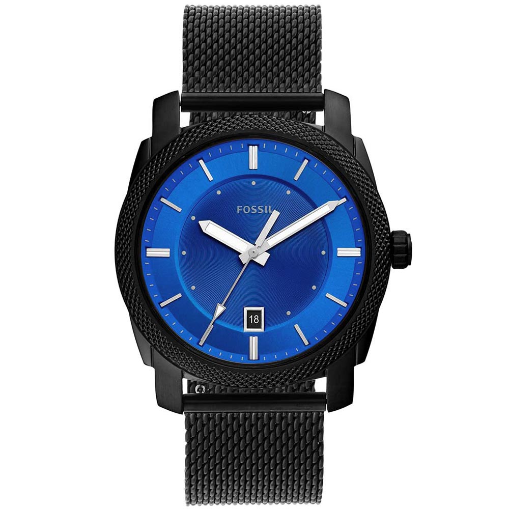 Reloj Fossil Machine FS5694 Fecha Acero Inoxidable Negro Dial Azul