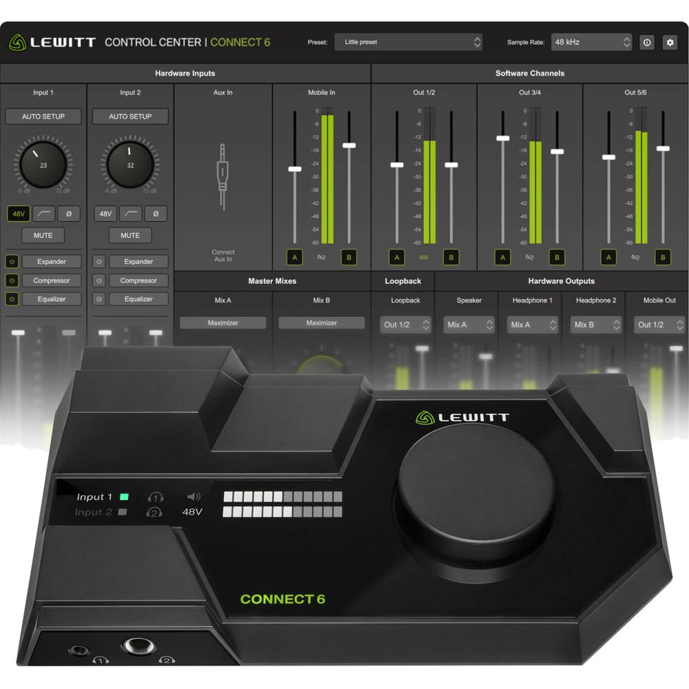 Lewitt CONNECT 6 Interfaz de Audio USB-C 6x6 con 2 Preamplificadores y Efectos DSP