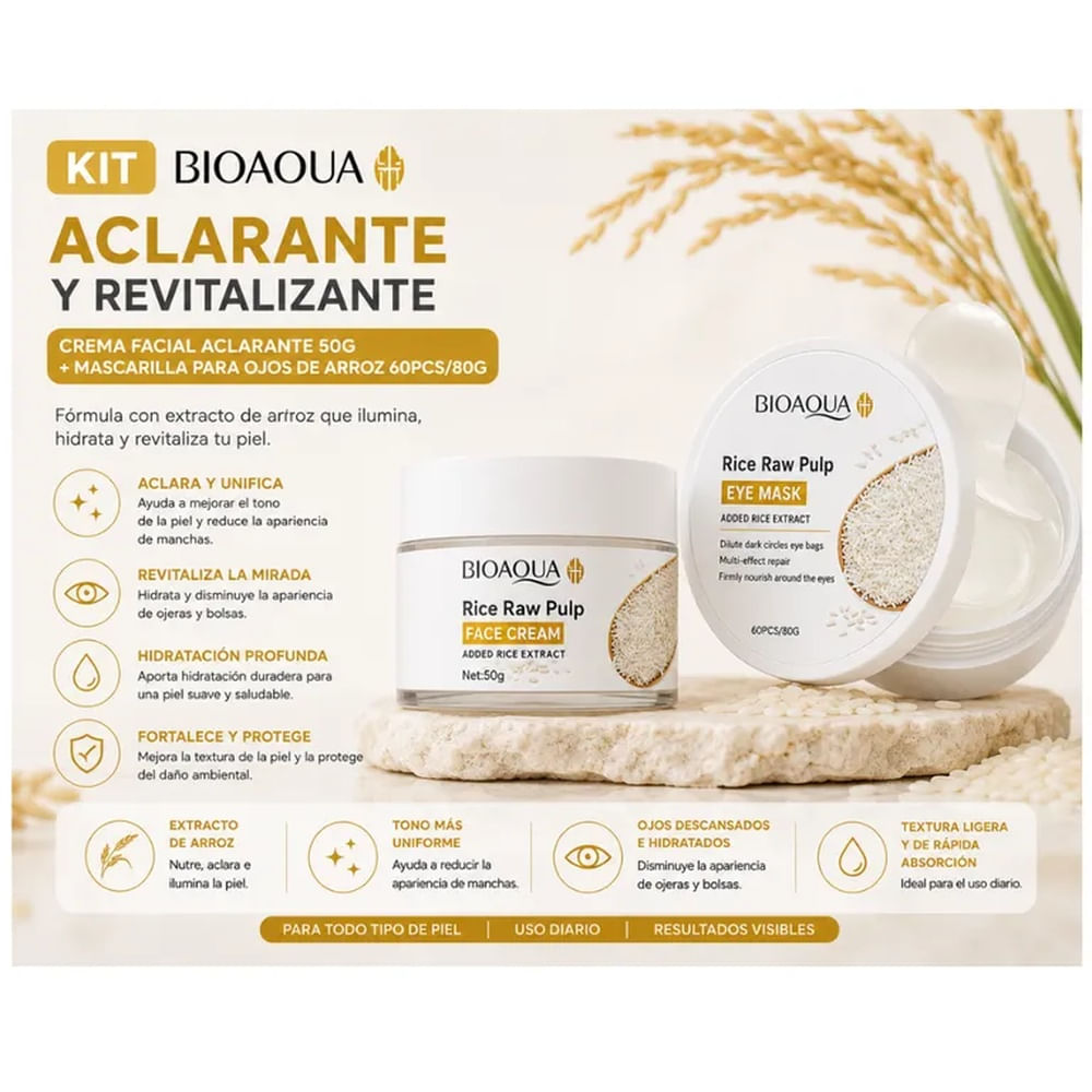 KIT ILUMINADOR DE ARROZ BIOAQUA  CREMA FACIAL + PARCHES PARA
