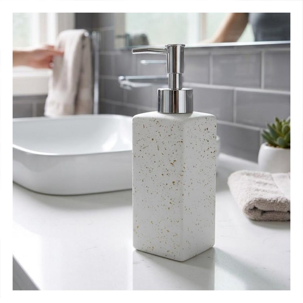 Envase para Jabon Espuma Rectangular Color Blanco  con Acabado Dorado Y Papel Regalo