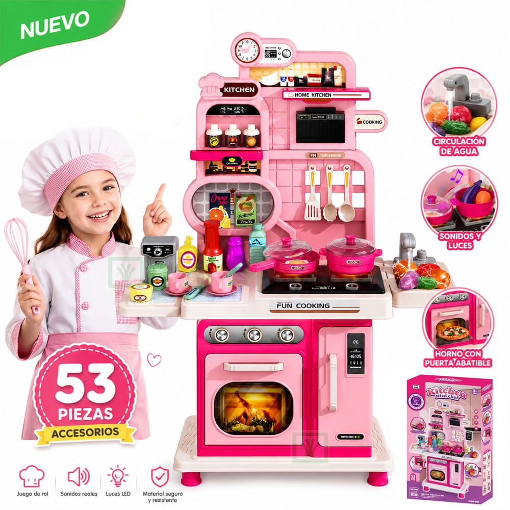 Juguete Cocina Interactiva Rosado 53 Piezas Con Sonidos Luces y Agua