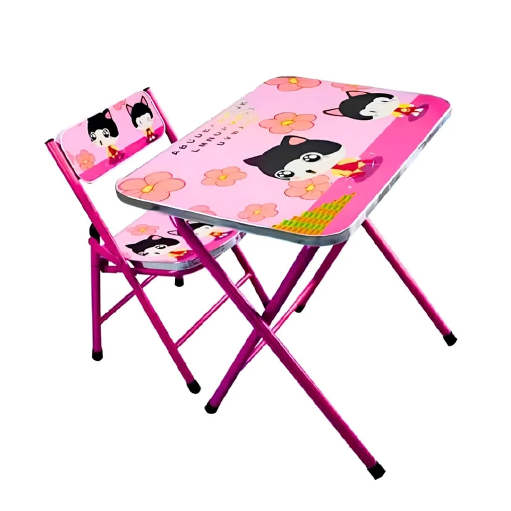 Set Escritorio y Silla Portatil Diseño Gatito Rosado para Niños
