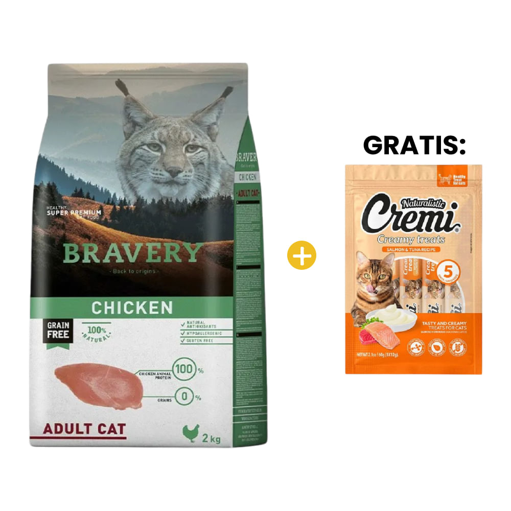 Bravery Chicken Adult Cat Pollo 2 kg más GRATIS 1 Cremi Salmon Tuna y 1 Cremi Chicken Tuna