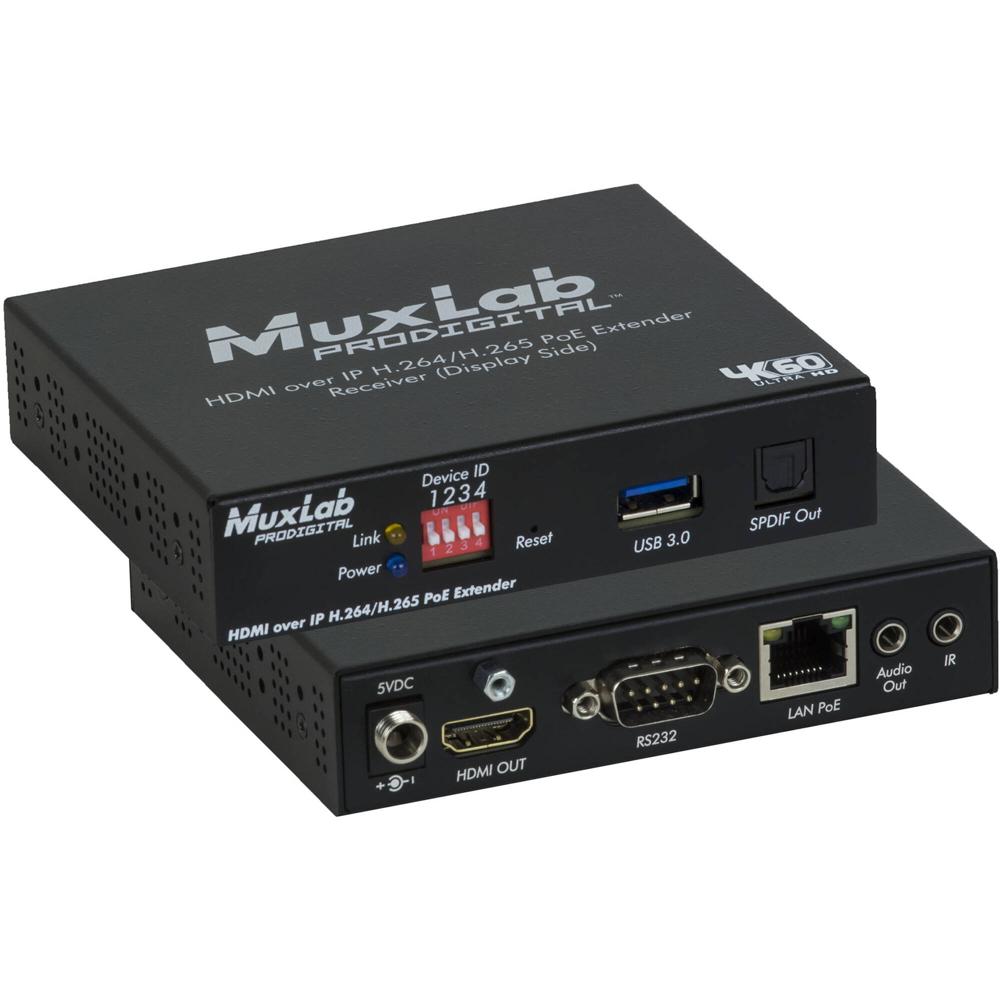 MuxLab Receptor HDMI-over-IP 4K60 H.264/H.265 PoE V2 - Soporta Video Wall y Multiview, Com