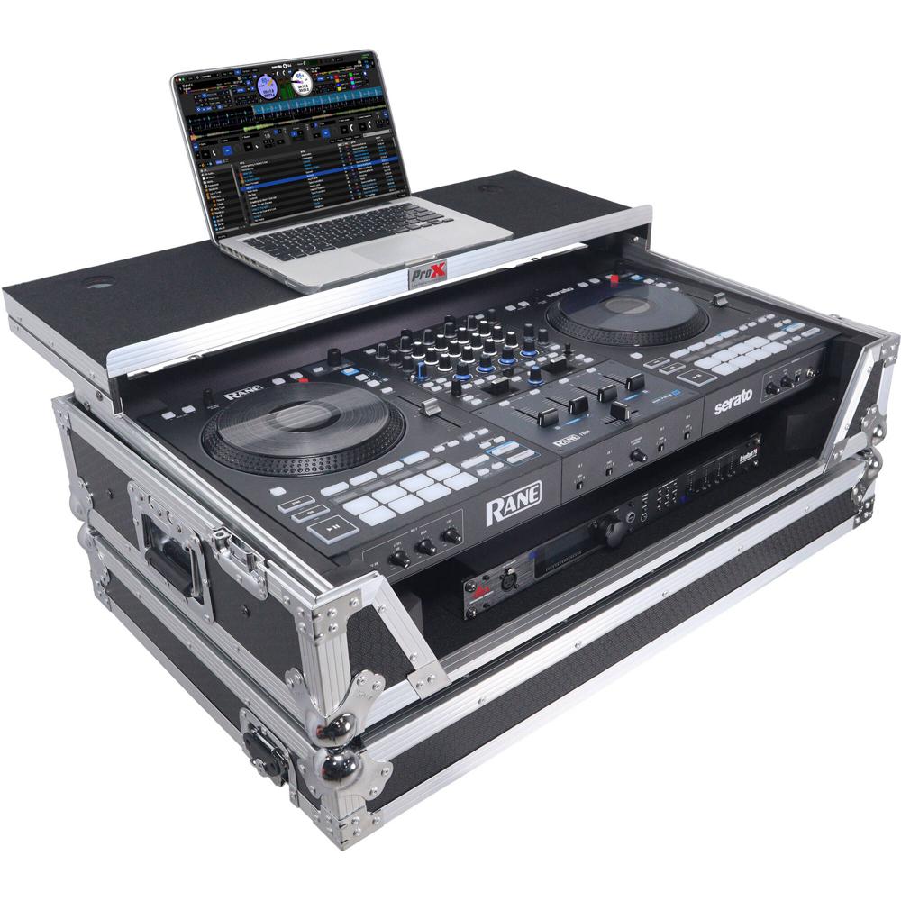ProX Flight Case para Controlador DJ RANE Four con Estante para Laptop y Ruedas (1 RU, Alu