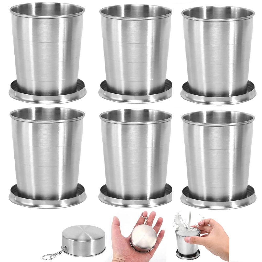 6 Vaso Plegable de Acero Inoxidable 7.5cm con Llavero Reutilizable 140ml