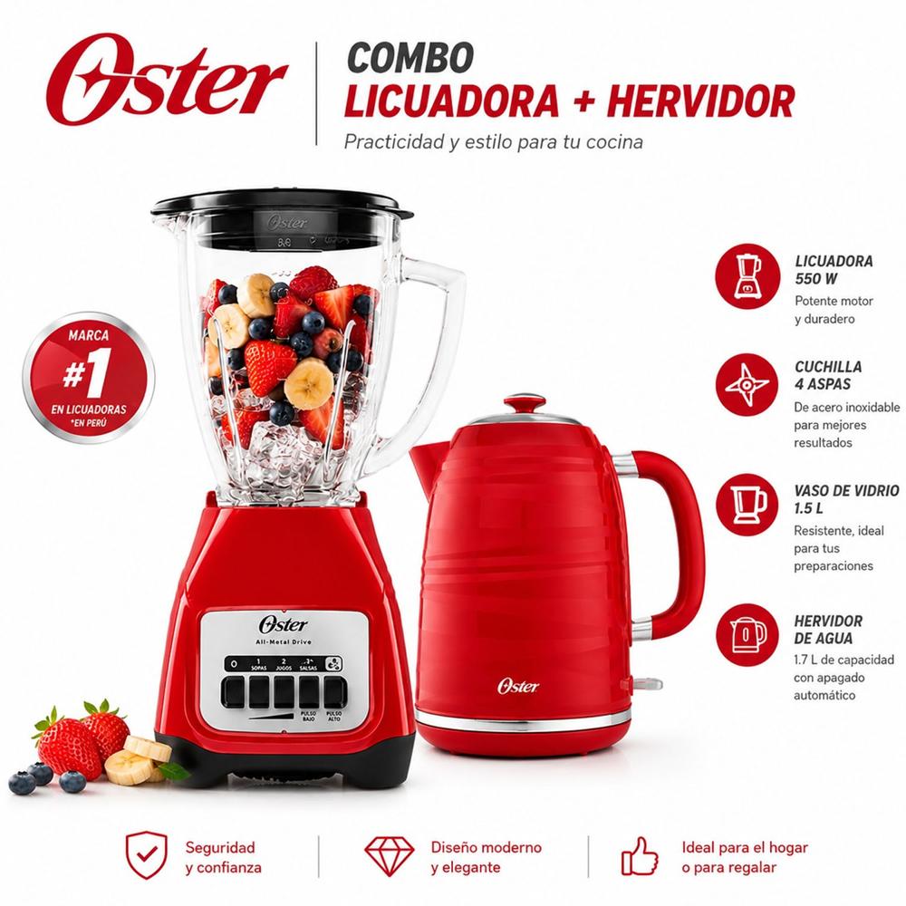 Combo Oster Licuadora 2 Velocidades BLSTKAG-RPB con Hervidor 1.7Lt.