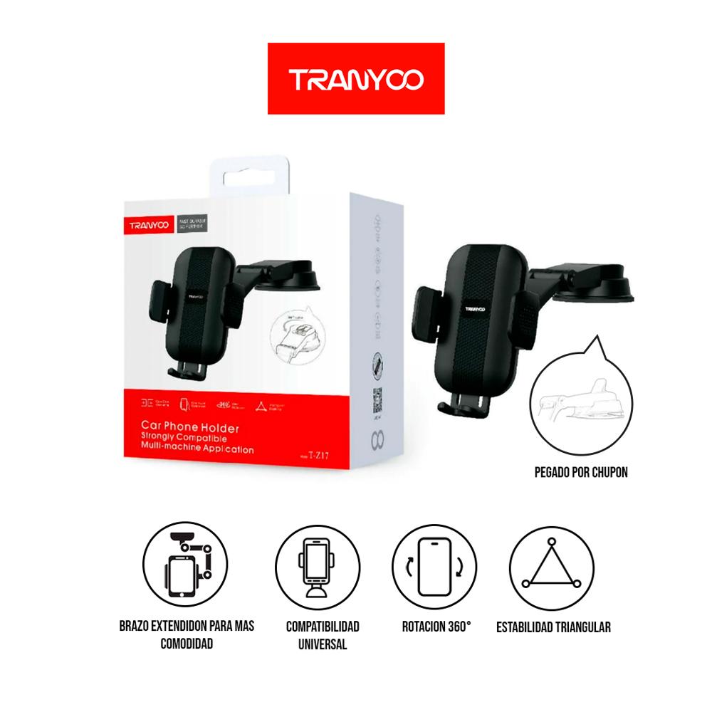Soporte Auto Celular Tranyoo T-Z17 Universal 360° Ventosa Parabrisas Tablero Negro