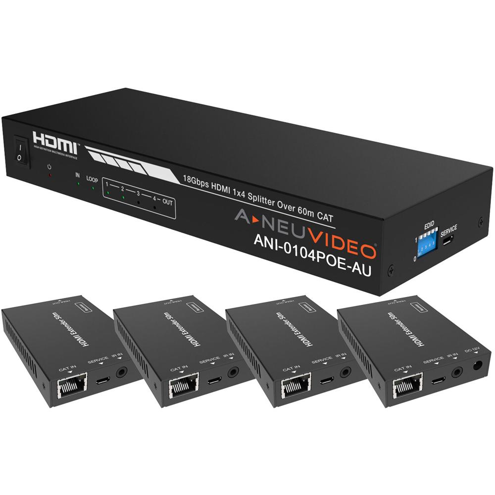 A-Neuvideo Extensor Splitter HDMI 1 x 4 4K60/1080p con 4 Receptores, Soporta LPCM 7.1, HDC