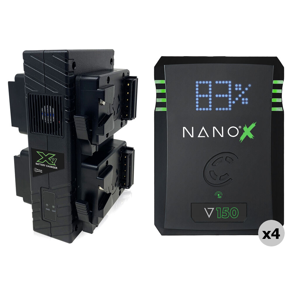 Core SWX NANOX V150 Kit de 4 Baterías V-Mount y Cargador Cuádruple GP-X4S