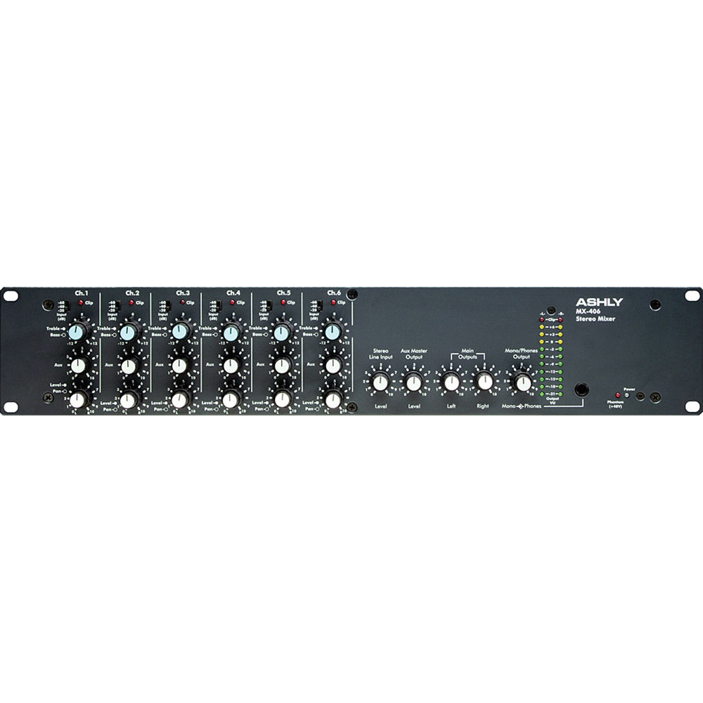 Ashly MX406 Mezclador de Micrófono Estéreo de 6 Canales con Entradas XLR y TRS, +48V Pha