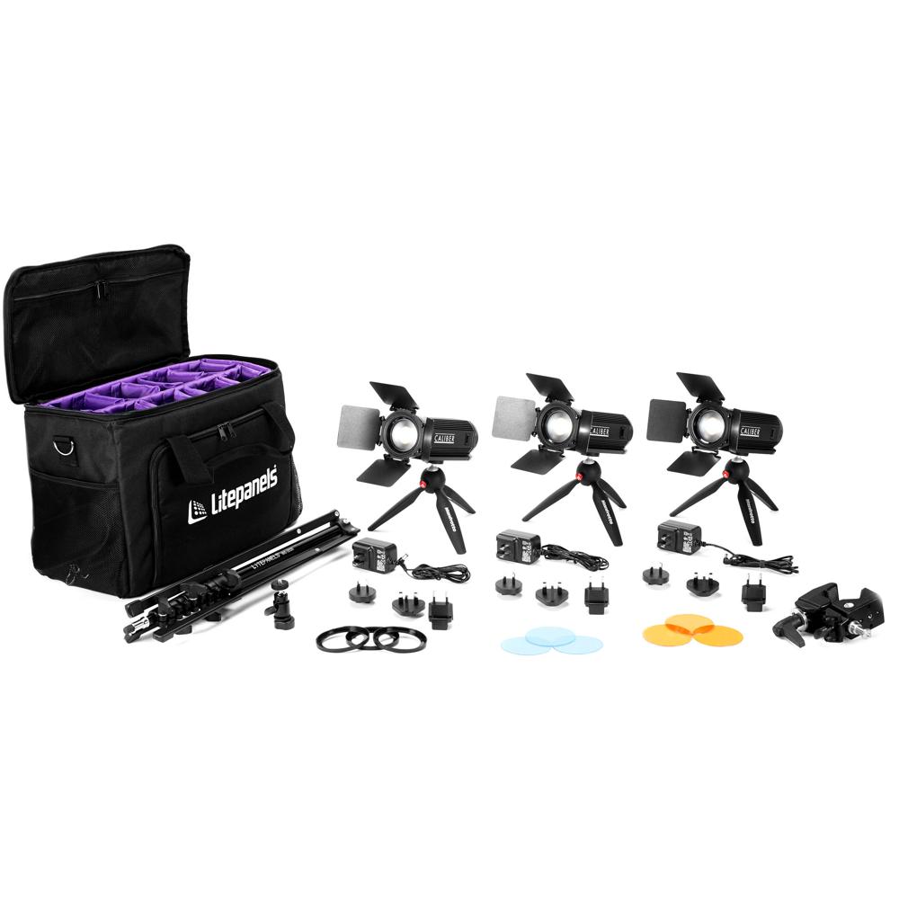 Litepanels Kit de Iluminación LED Fresnel Caliber 3 Luces con Estuche Suave - 0-100% Dimm