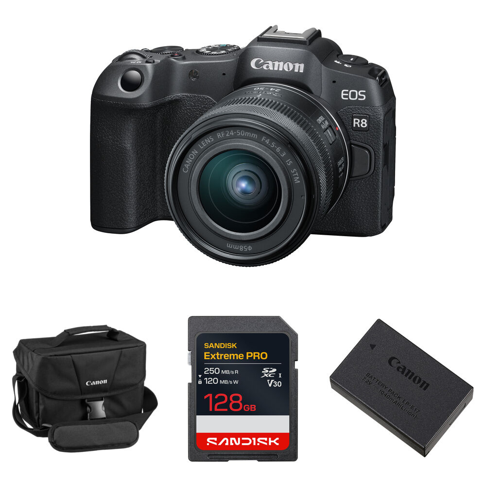 Canon EOS R8 Cámara Mirrorless con Lente RF 24-50mm f/4.5-6.3 y Kit Esenciales