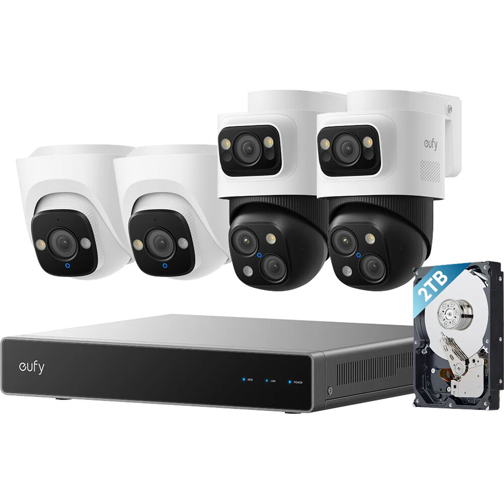 eufy Security S4 NVR 8 Canales con 2TB HDD y Kit de Cámaras 16MP Bullet-PTZ y 4K UHD Turr