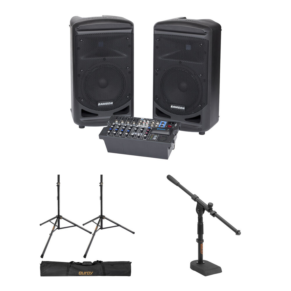 Samson Expedition XP800 Kit PA Portátil 800W con 2 Soportes de Altavoz y Soporte para Mez