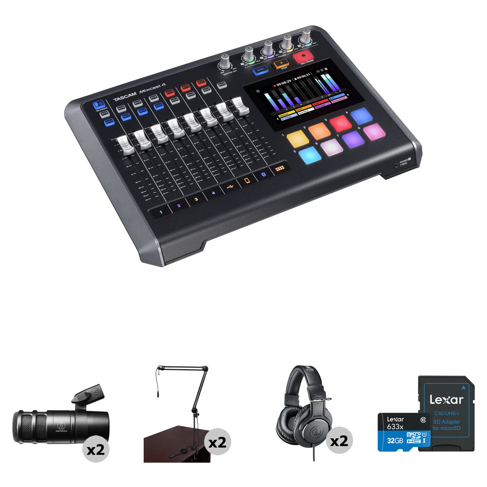 TASCAM Mixcast Kit para Podcast de 2 Personas con Mezclador-Grabador, Micrófonos, Brazos