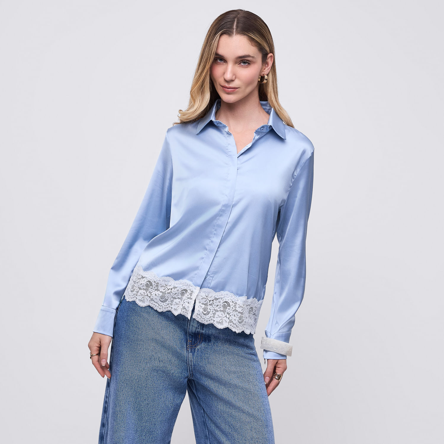 Blusa Mujer Saten Manga Larga Celeste L
