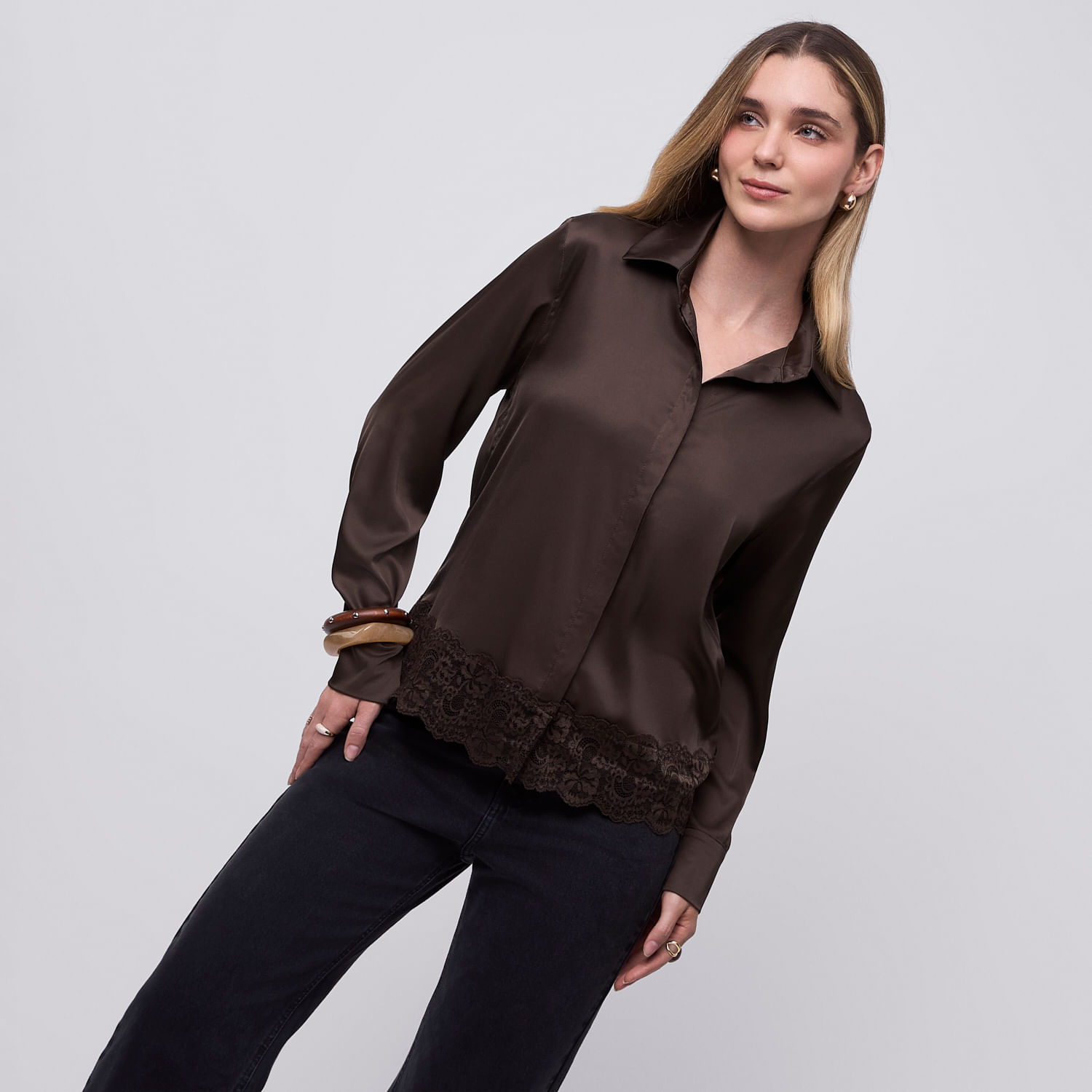 Blusa Mujer Saten Manga Larga Marrón Xs
