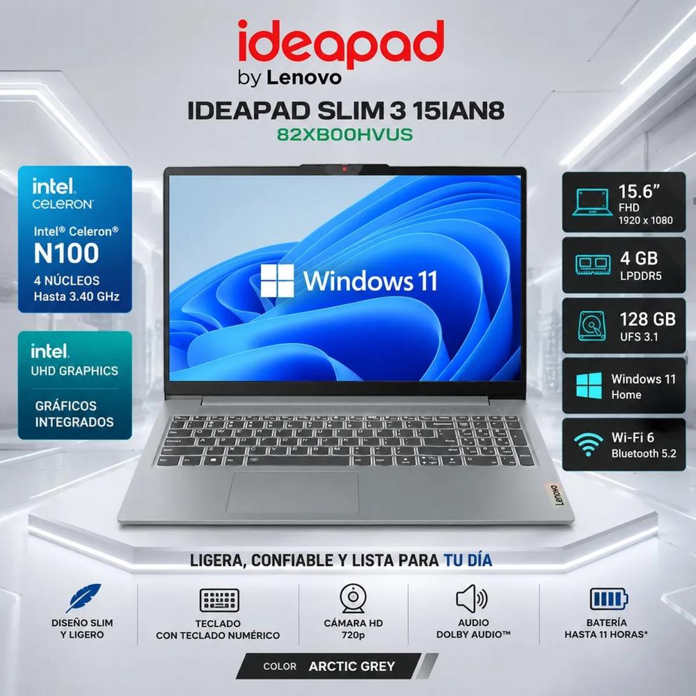 Laptop Lenovo IdeaPad Slim 3 15IAN8 Intel N100 4GB DDR5 128GB UFS 15.6  FHD Win11 82XB00HVUS