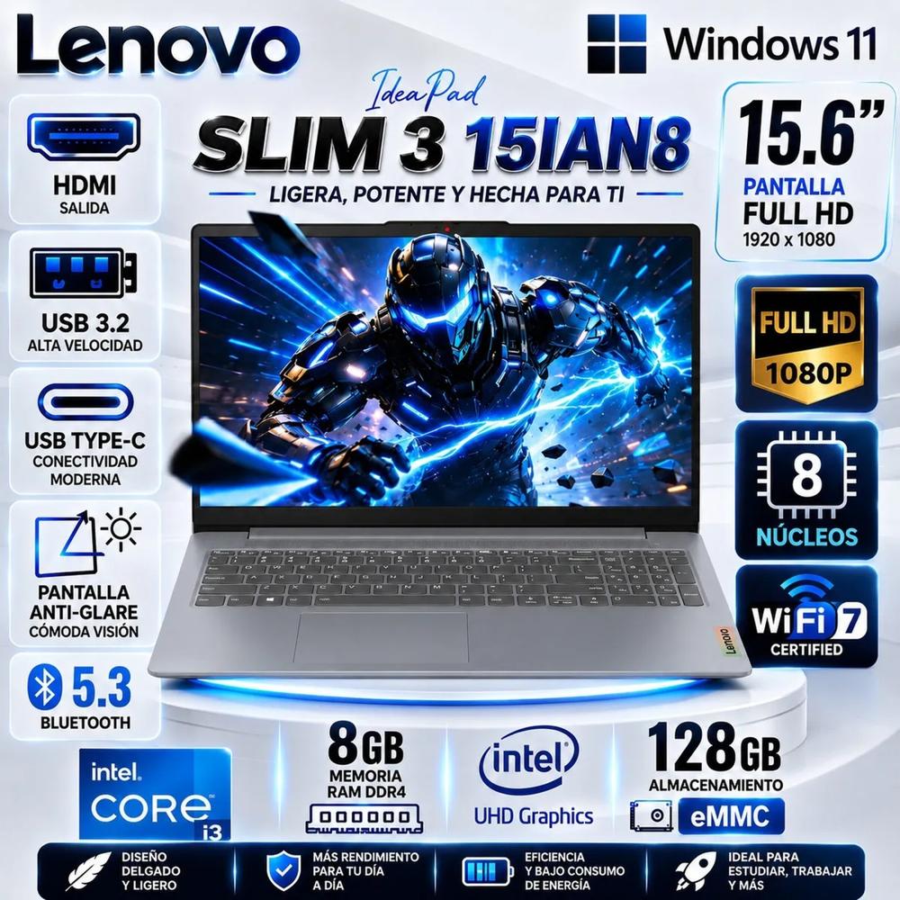 Laptop Lenovo IdeaPad Slim 3 15IAN8 Core i3-N305 8GB 128GB UFS 15.6  FHD Win11 82XB00C2US