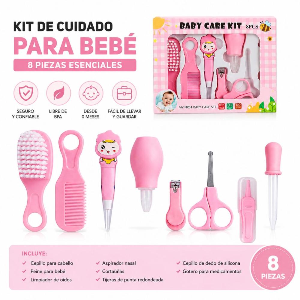 Kit de Cuidado Higiene Cortaúñas para Bebé Recién Nacido 8 Piezas Rosado