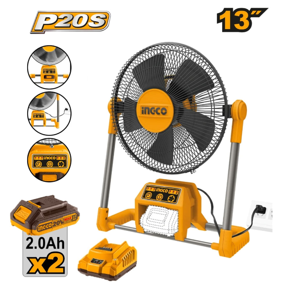 VENTILADOR INALÁMBRICO E ELÉCTRICO INGCO 20V Y 220V CFALI2001 con 2 BATERÍAS y 1 CARGADOR FBCPK2212