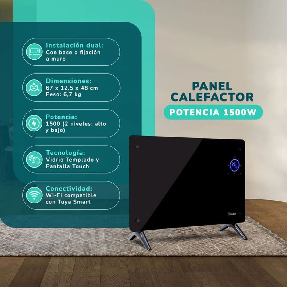 Estufa Eléctrica Smart Panel Vidrio KENDAL WIFI18 m2-1500w PisoMuro