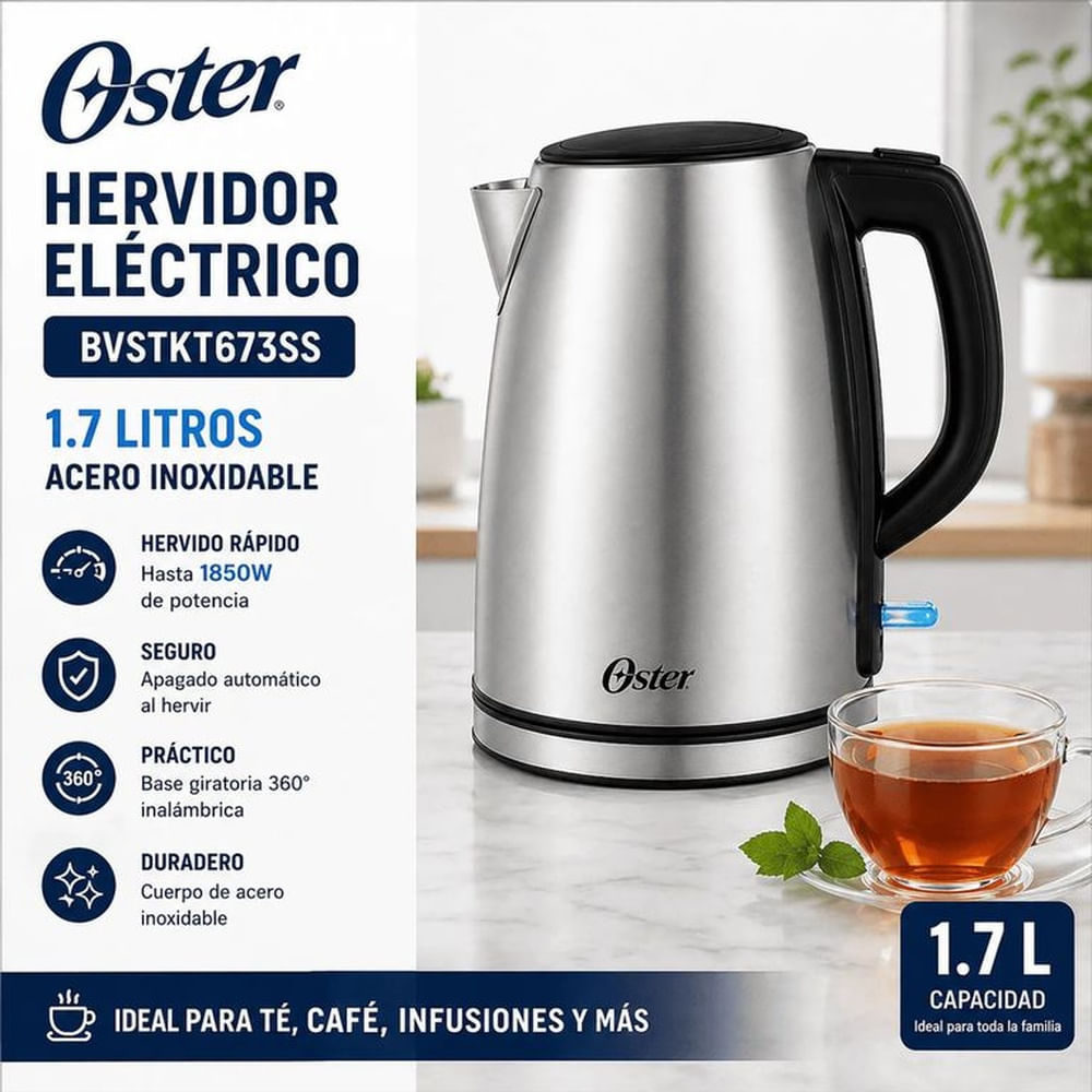 Hervidor Eléctrico Oster BVSTKT673SS 1.7L Acero Inoxidable 2200W Base 360°